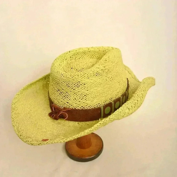 Children Bullhide Cowboy Hat Neon Yellow Straw Woven Western Leather Strap - Picture 2 of 6